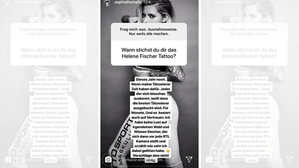 Sophia Thomalla: Deshalb lässt das versprochene Helene-Fischer-Tattoo noch auf sich warten Diese Begründung postete Sophia Thomalla in ihrer Instagram-Story.
