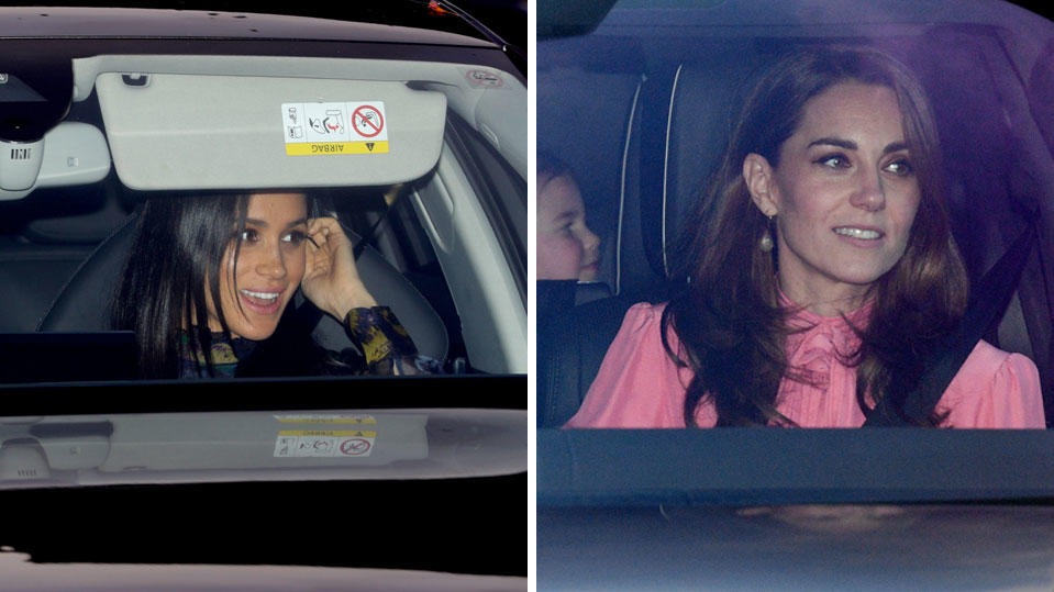 Herzogin Kate und Herzogin Meghan recycelten ihre Outfits beim königlichen Christmas-Lunch Herzogin Meghan und Kate auf dem Weg zum Buckingham Palast am 19. Dezember 2018.