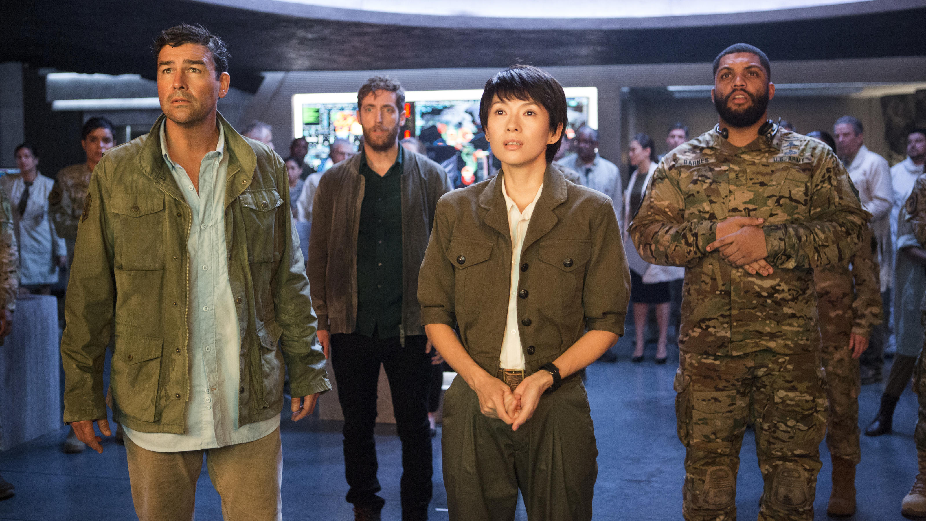 „Godzilla 2: King of the Monsters“: Monster top, Menschen flop Mark Russell (v.l. Kyle Chandler), Sam Coleman (Thomas Middleditch), Dr. Ilene Chen (Ziyi Zhang) und Officer Barnes (O'Shea Jackson Jr.) in Godzilla II