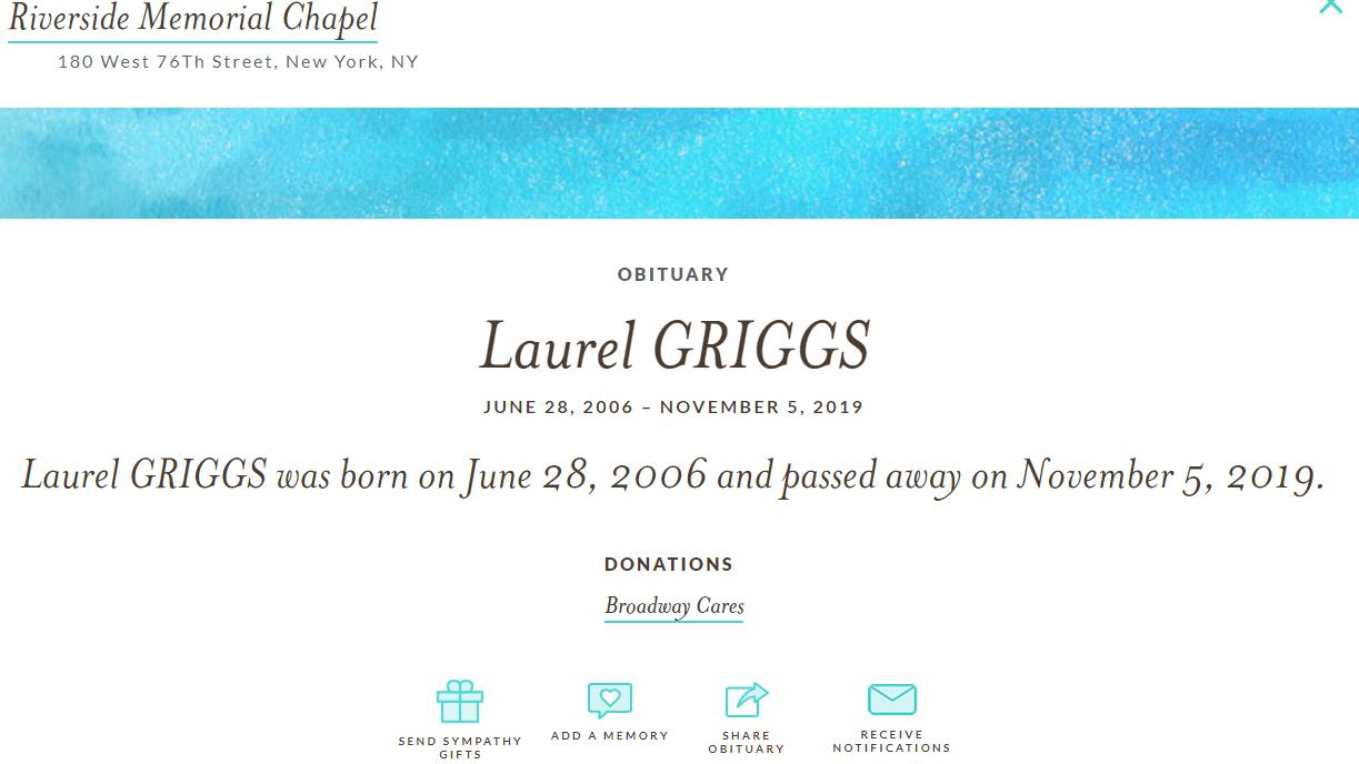 Laurel Griggs ist tot: Broadway-Star stirbt mit 13 Jahren Digitale Trauerseite für Laurel Griggs