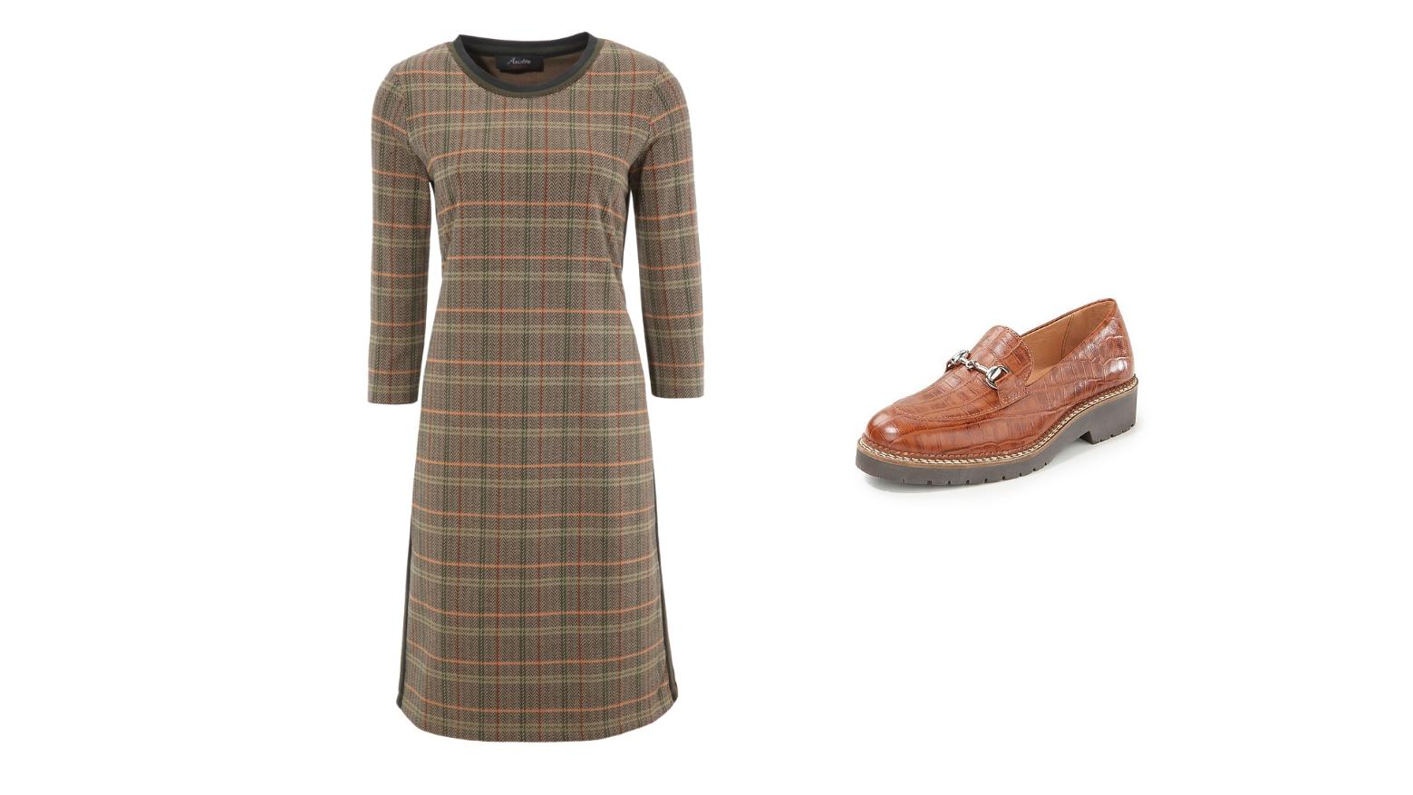 Experten zeigen: Diese Farben tragen Fashionistas im Herbst Kombination eines schicken Karo-Kleides zu Slippern.