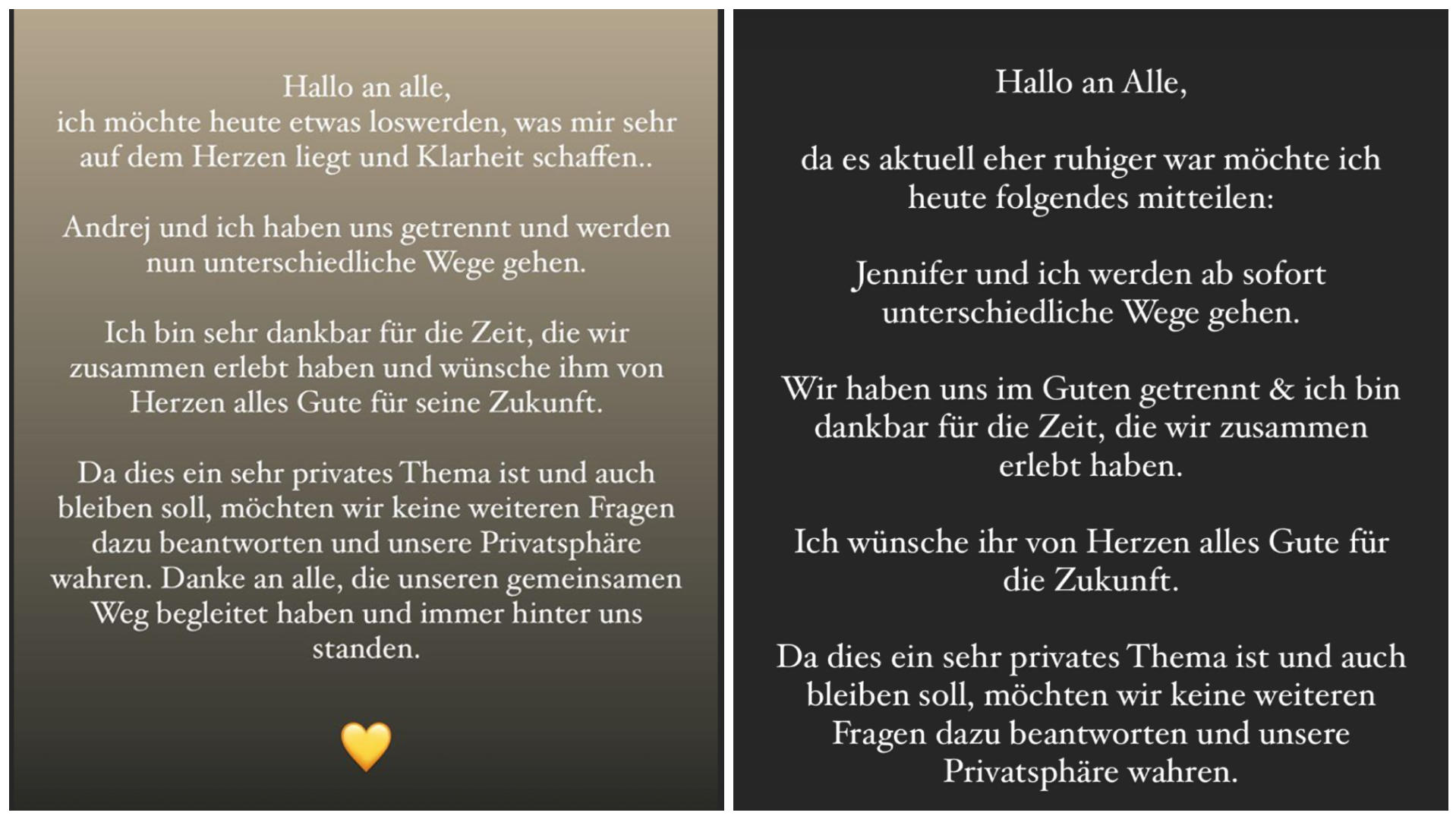 Bachelor-Paar Andrej Mangold & Jennifer Lange: Trennung nach dem Sommerhaus! So verkünden Jenny Lange (l.) und Andrej Mangold (r.) bei Instagram ihr Liebes-Aus