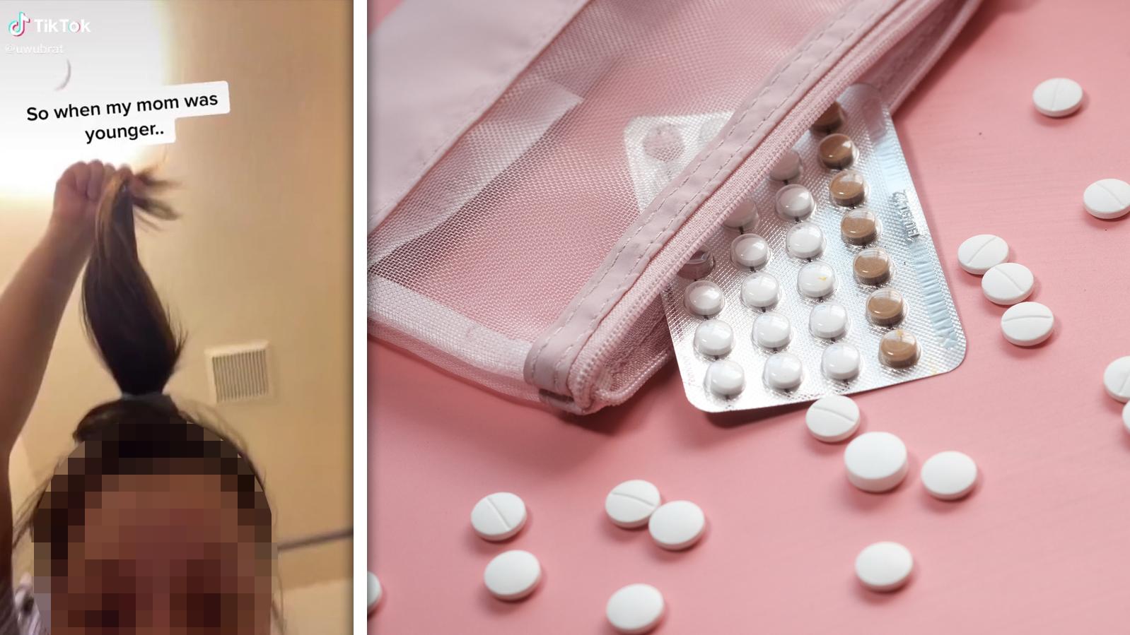 Irrer TikTok-Trend: Mädchen mischen Antibabypille unters Shampoo Ein Mädchen, das seinen Pferdeschwanz zeigt und daneben eine Antibabypillen-Packung.