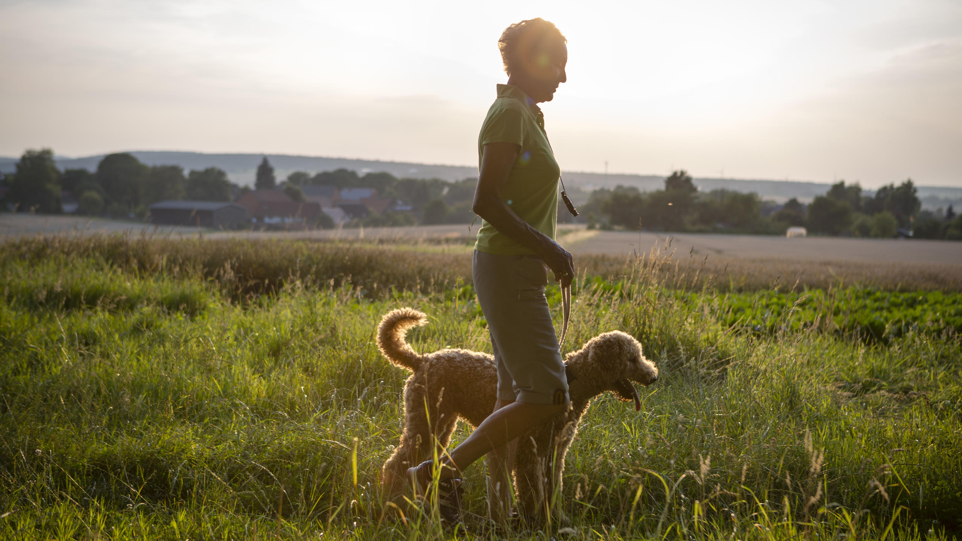 Gesundheitsupdate: So geht es Katja Burkard Eine aktive Seniorin geht auf einer Wiese mit ihrem Hund spazieren.