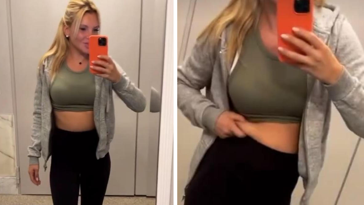 Bauch rein, Bauch raus! Evelyn Burdecki macht den Instagram-Reality-Check Vorher-Nachher-Vergleich auf Instagram. Evelyn spannt ihren Bauch an und lässt locker.
