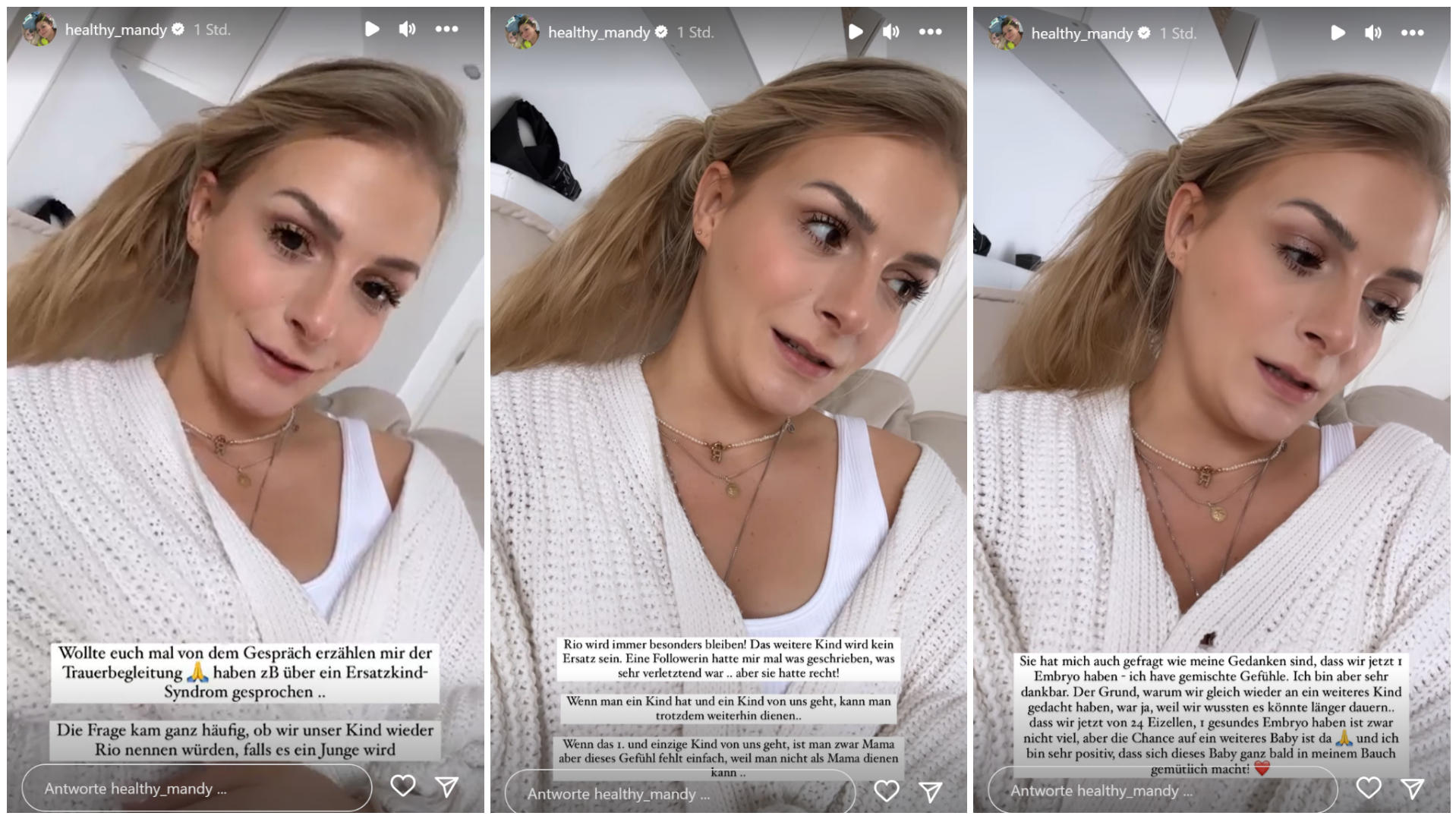 Healthy Mandy stellt klar: "Unser weiteres Kind wird kein Ersatzkind sein" In ihrer Instagram-Story spricht Healthy Mandy (bürgerlich: Mandy Brobeck) über die Trauerbegleitung, die ihre über den Tod von Baby Rio hinweg helfen soll.