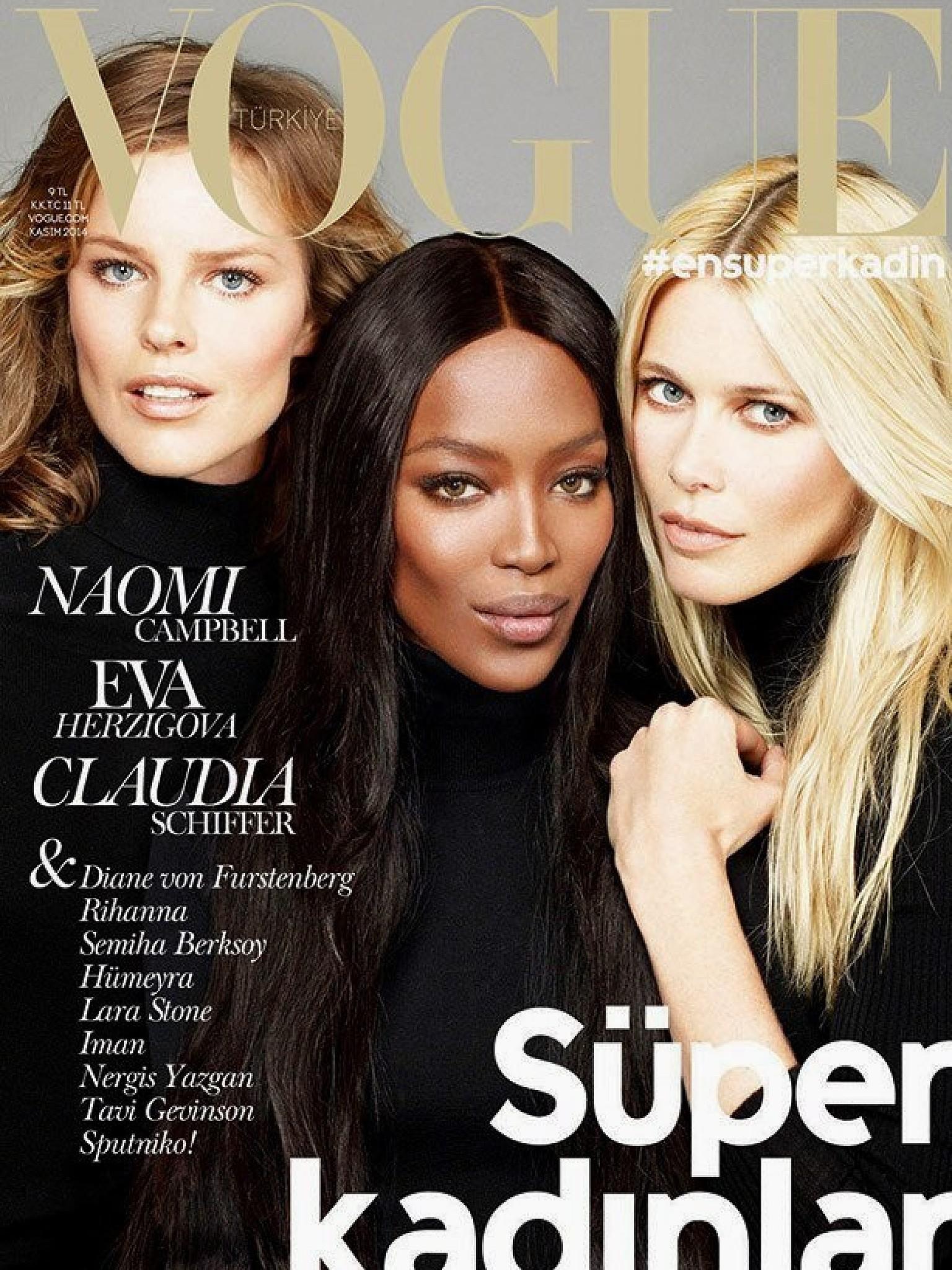 Claudia Schiffer, Naomi Campbell und Eva Herzigova auf dem Cover der türkischen Vogue