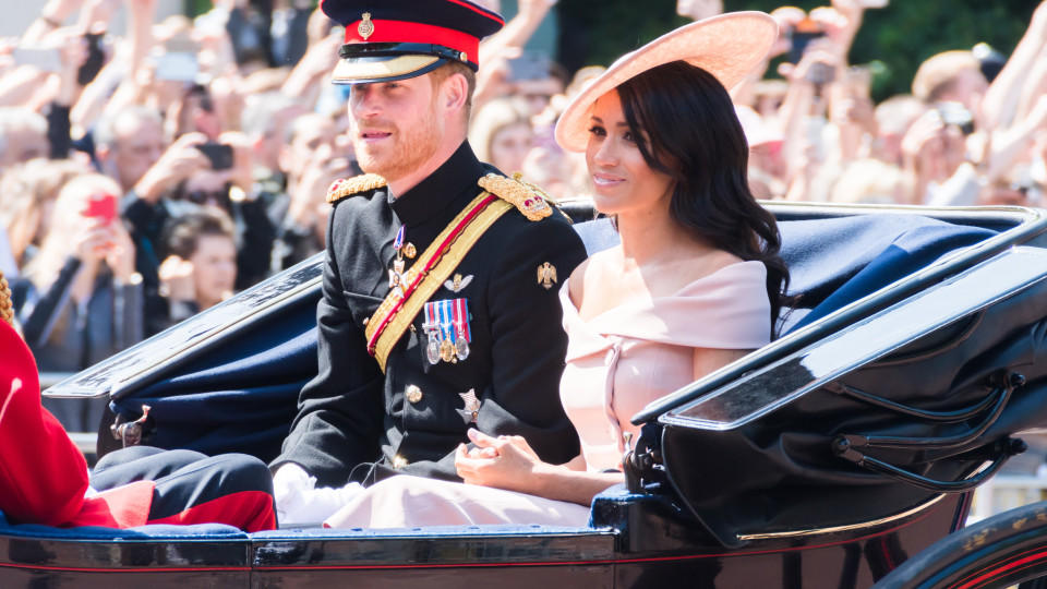 Harry und Meghan bei der „Trooping the Colour“-Parade 2018.