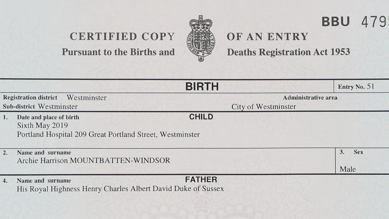 Geburtsurkunde von Baby Archie Harrison Mountbatten-Windsor.