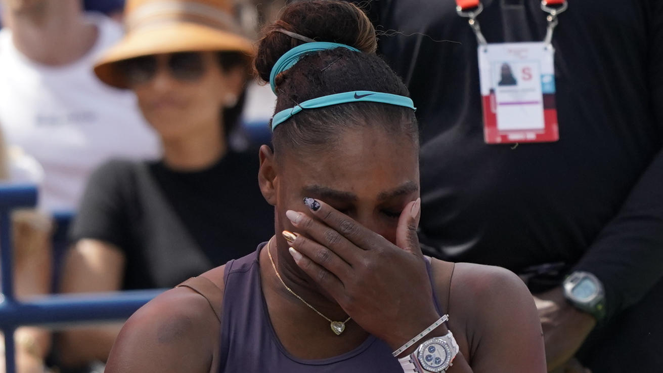 Aug 11, 2019; Toronto, Ontario, Canada; Serena Williams (USA) wipes a tear from her eyes after withdrawing fro the final against Bianca Andreescu (not pictured) during the Rogers Cup tennis tournament at Aviva Centre. Mandatory Credit: John E. Sokolo