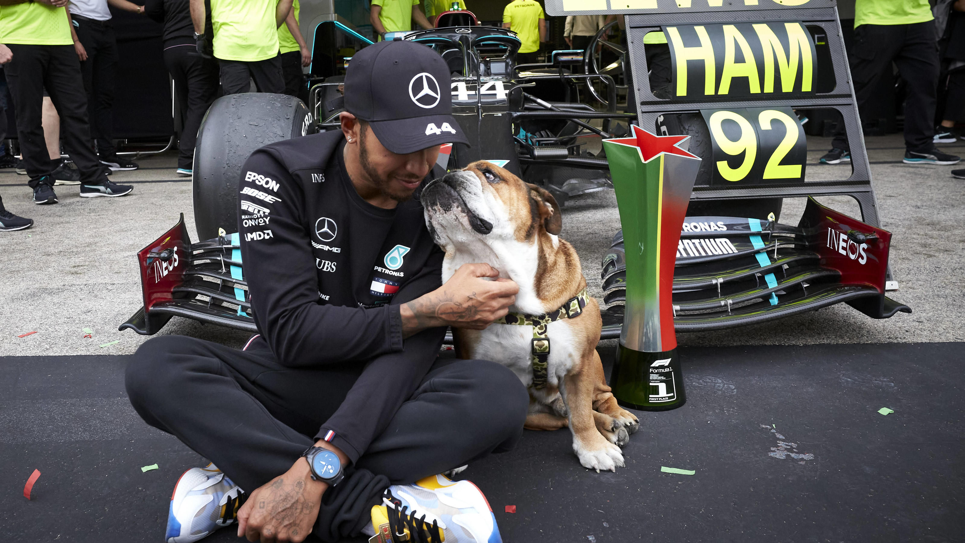 Lewis Hamilton Hund Roscoe trägt seine Mode
