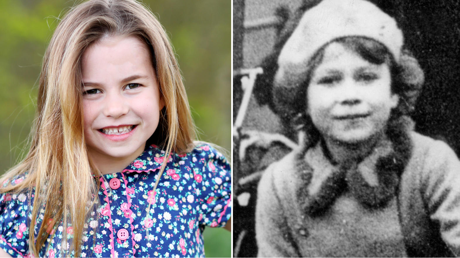 Prinzessin Charlotte im Mai 2021 und Königin Elisabeth II. am 1. November 1936.