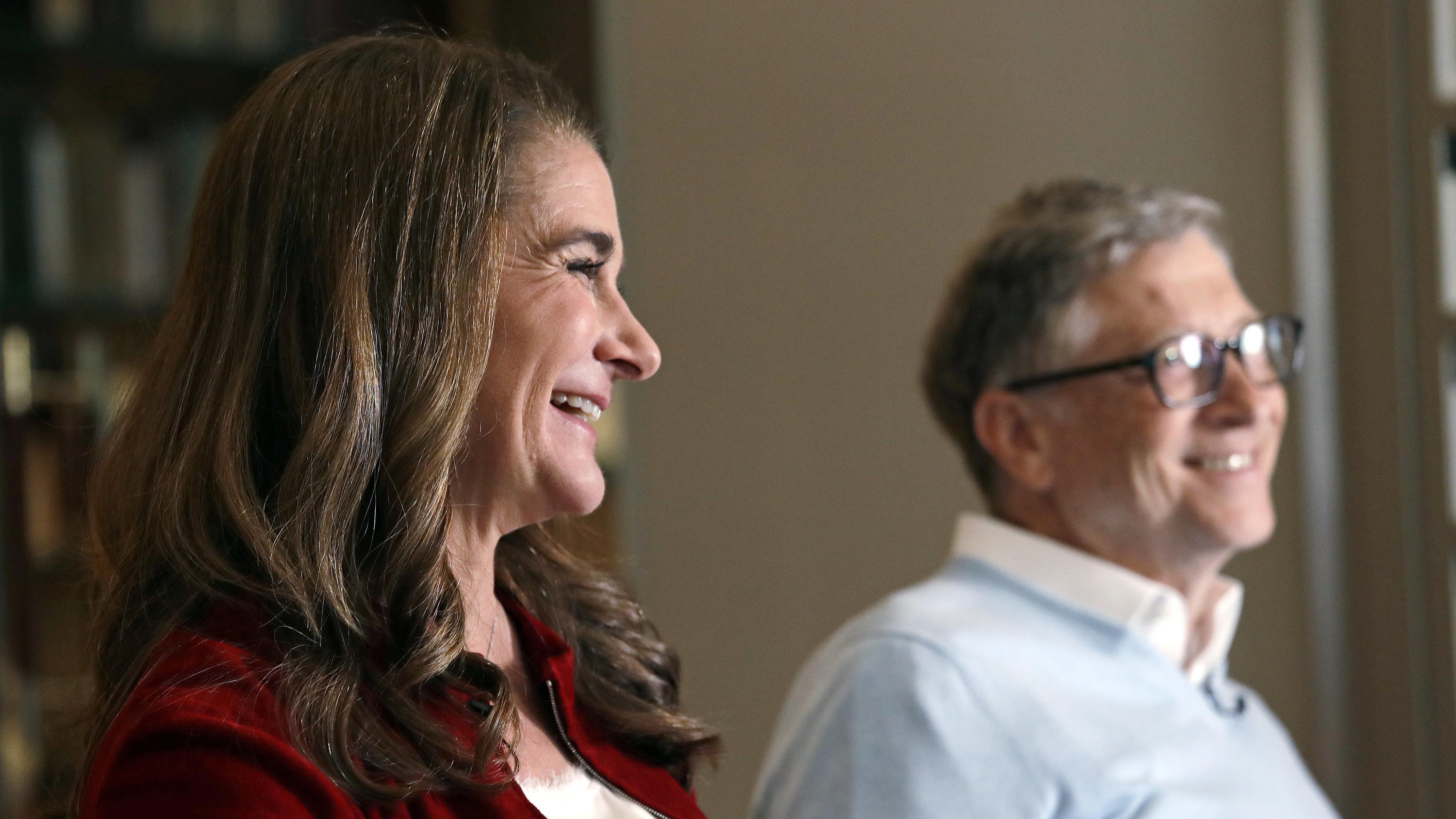 In this photo taken Feb. 1, 2019, Bill and Melinda Gates are interviewed in Kirkland, Wash. Bill Gates and Melinda French Gates will continue their work with the Giving Pledge, but, following their divorce earlier this year, they will do it separatel