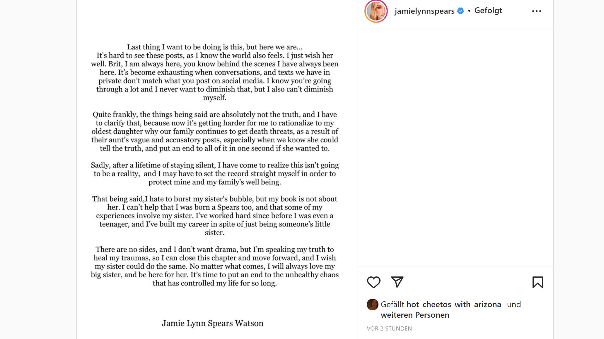 Jamie Lynn Spears wehrt sich gegen Vorwürfe ihrer Schwester Britney.