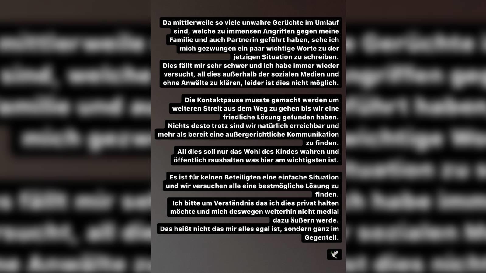 Jimi Blue Ochsenknecht postet ein Statement zu Yeliz Koc bei Instagram.