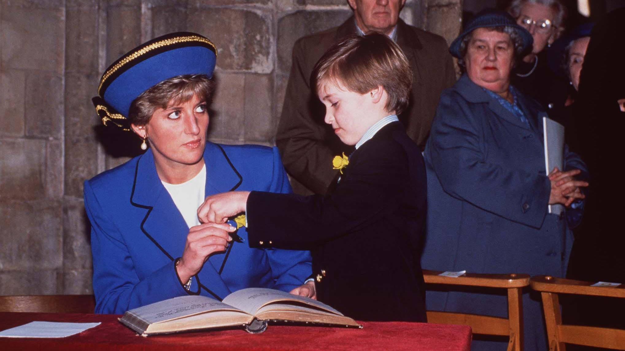 HRH PRINCESS OF WALES With her son HRH PRINCE WILLIAM At Llandaff Cathedral, Cardiff during Prince William's first official Royal engagement