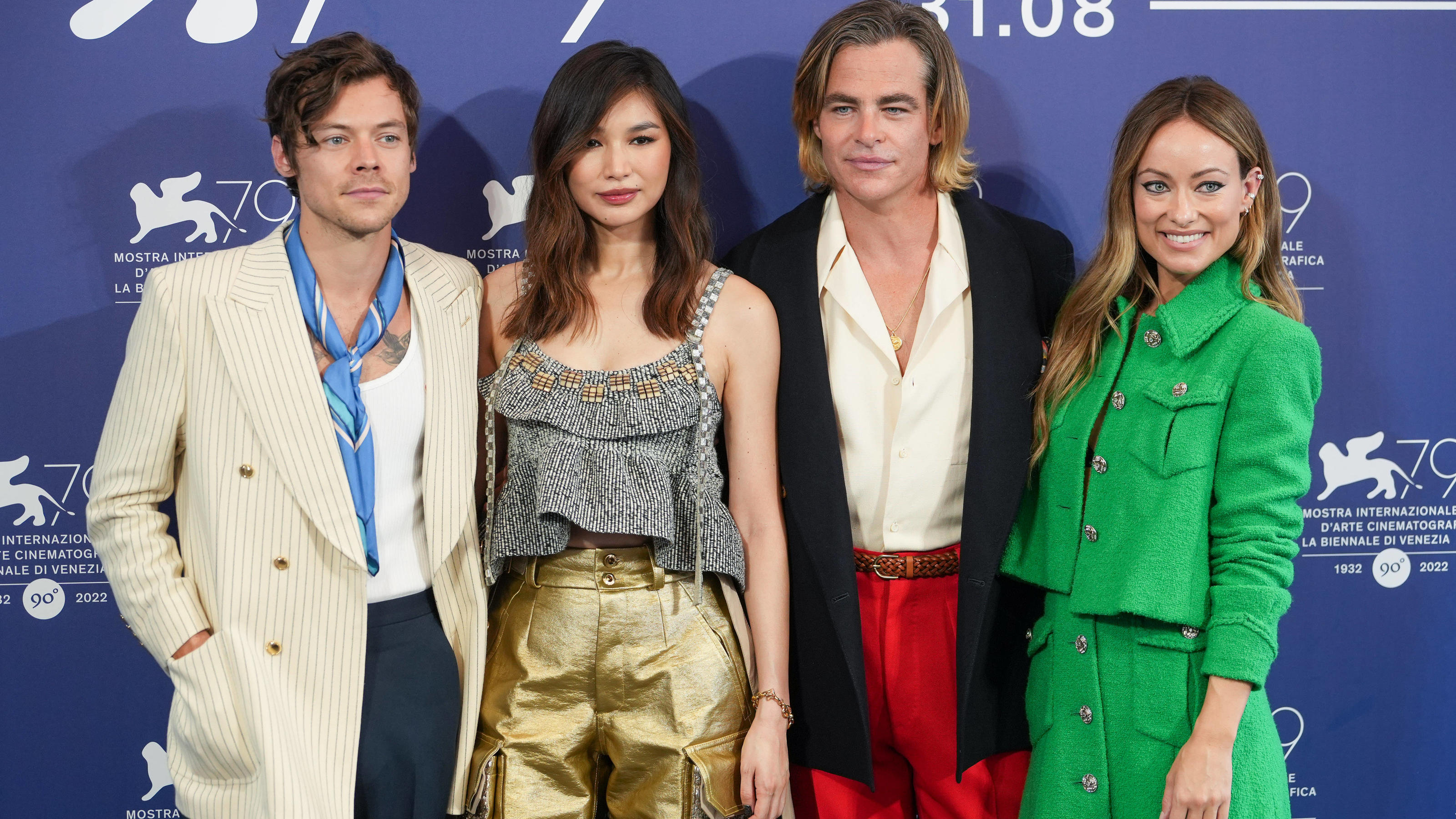 (L-R) Harry Styles, Gemma Chan, Chris Pine and director Olivia Wildearriving for the photocall for â€˜Don't Worry Darlingâ€â during the 79th Venice International Film Festival on September 05, 2022 in Venice, Italy. //03VULAURENT_MOSTRA_2022_07804/22