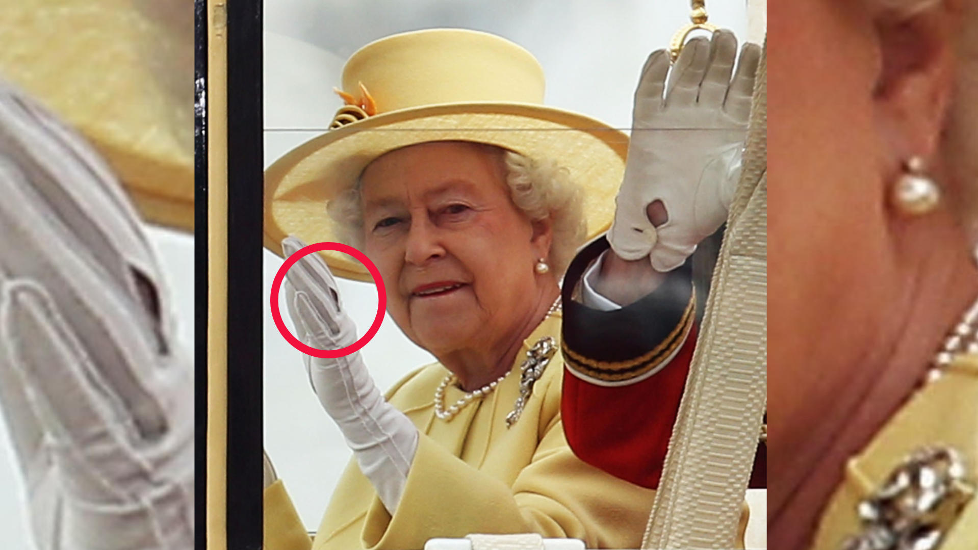 Queen Elizabeth II. und Prinz Philip in der Kutsche nach der Hochzeit von William und Kate. Das Loch im Handschuh der Königin ist deutlich zu sehen.