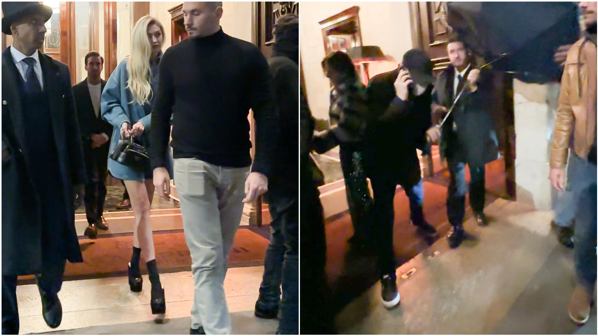 Collage aus zwei Bildern: Das linke Foto zeigt Gigi Hadid beim Verlassen des Restaurants in Mailand, das rechte zeigt einen verhüllten Leonardo DiCaprio