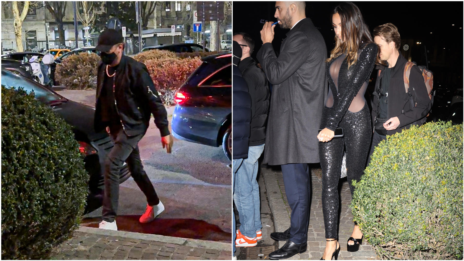 Collage aus 2 Fotos: Das linke Bild zeigt Leonardo DiCaprio, der am Club ankommt und verhüllt ist, das rechte Foto zeigt Madalina Ghenea in einem schwarzen Glitzerkleid.