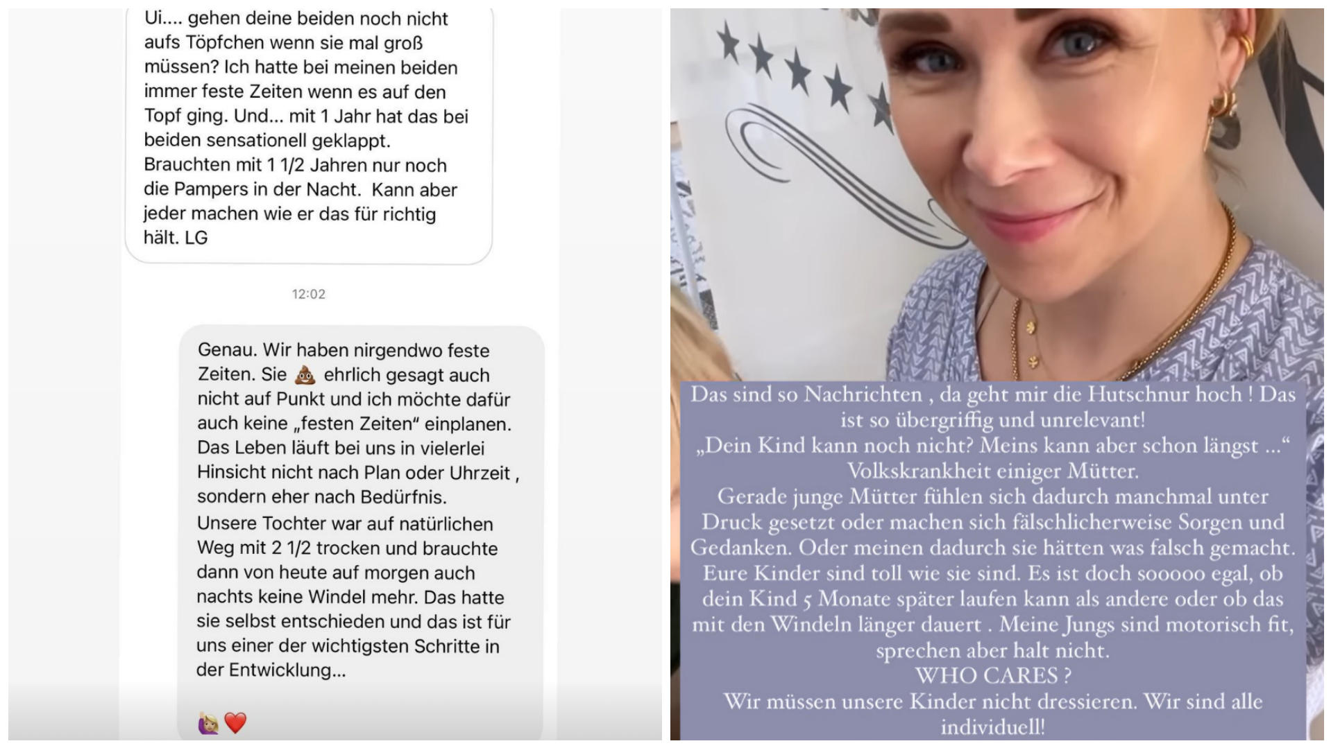 Collage (v.l.): Screenshot von Nachrichten, die Tanja Szewczenko mit einer Userin ausgetauscht hat; Screenshot der Story, in der Tanja Szewczenko ihre Jungs verteidigt.