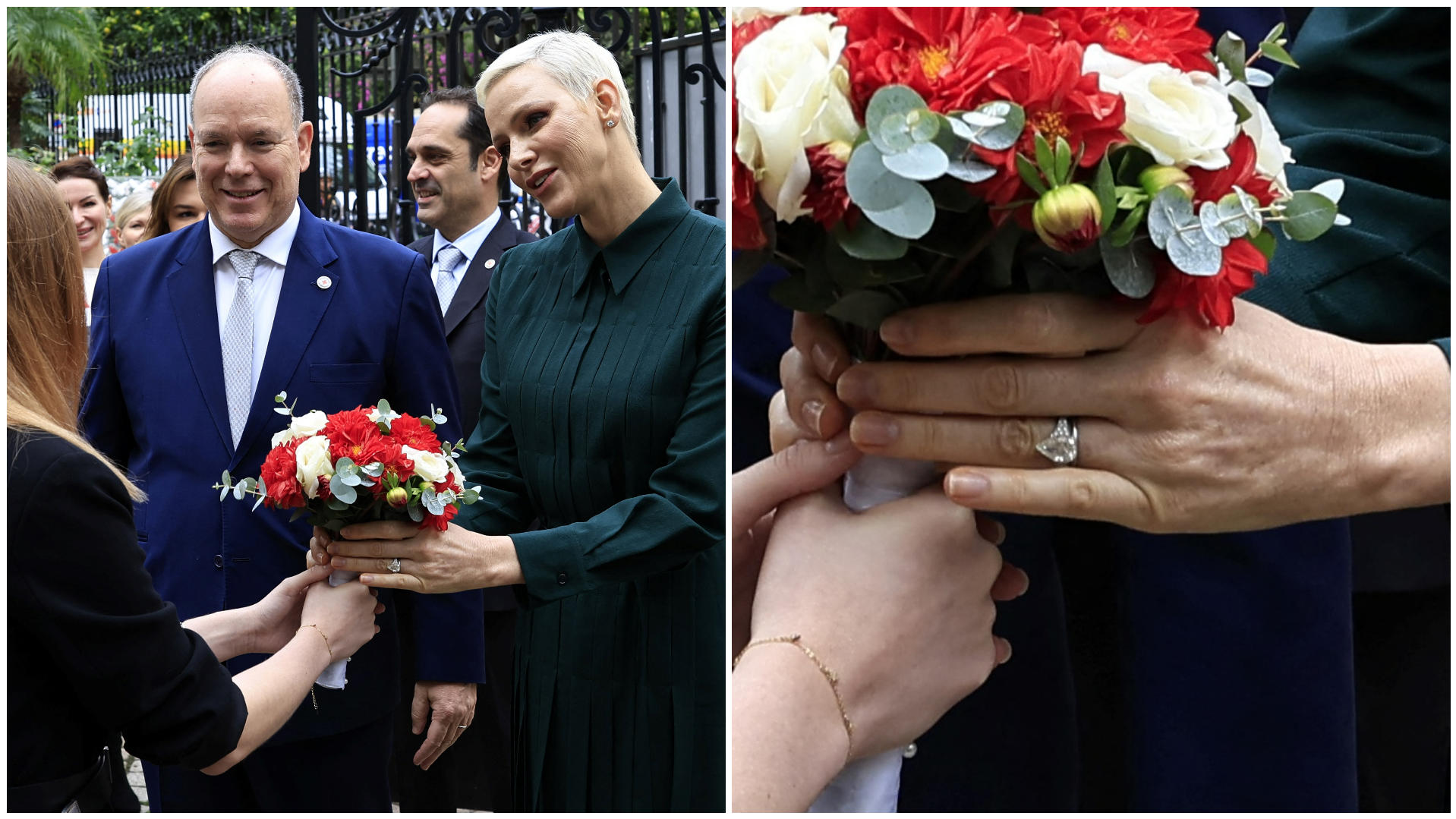 Fürst Albert und Fürstin Charlène nehmen am 16. November 2022 einen Blumenstrauß entgegen. An Charlènes Hand ist ihr Ehering deutlich zu erkennen.