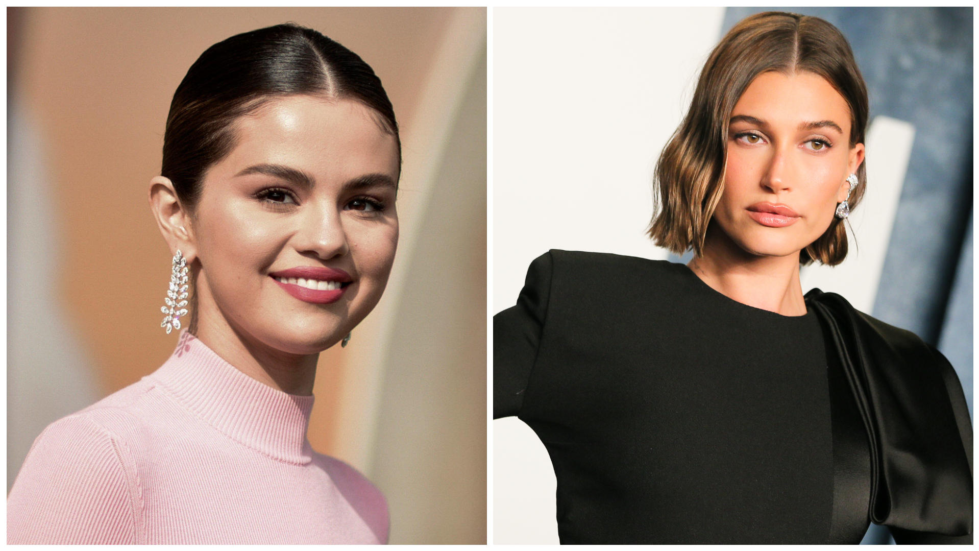Collage aus 2 Bildern, v.l.: Selena Gomez lächelt auf einem roten Teppich. Hailey Bieber posiert auf dem roten Teppich der Vanity Fair Oscar-Aftterparty.