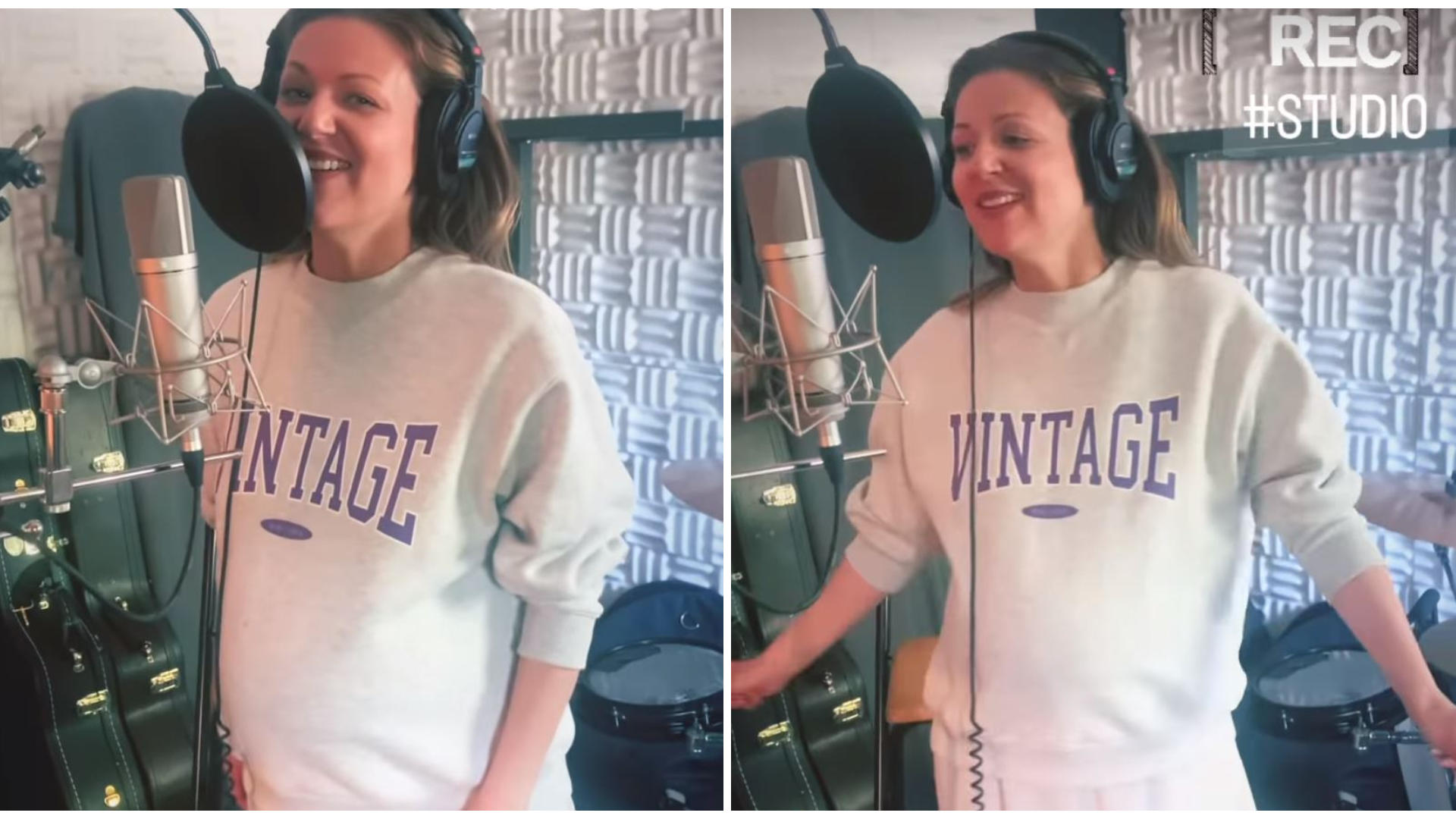 Ella Endlich steht mit Babybauch im Tonstudio.
