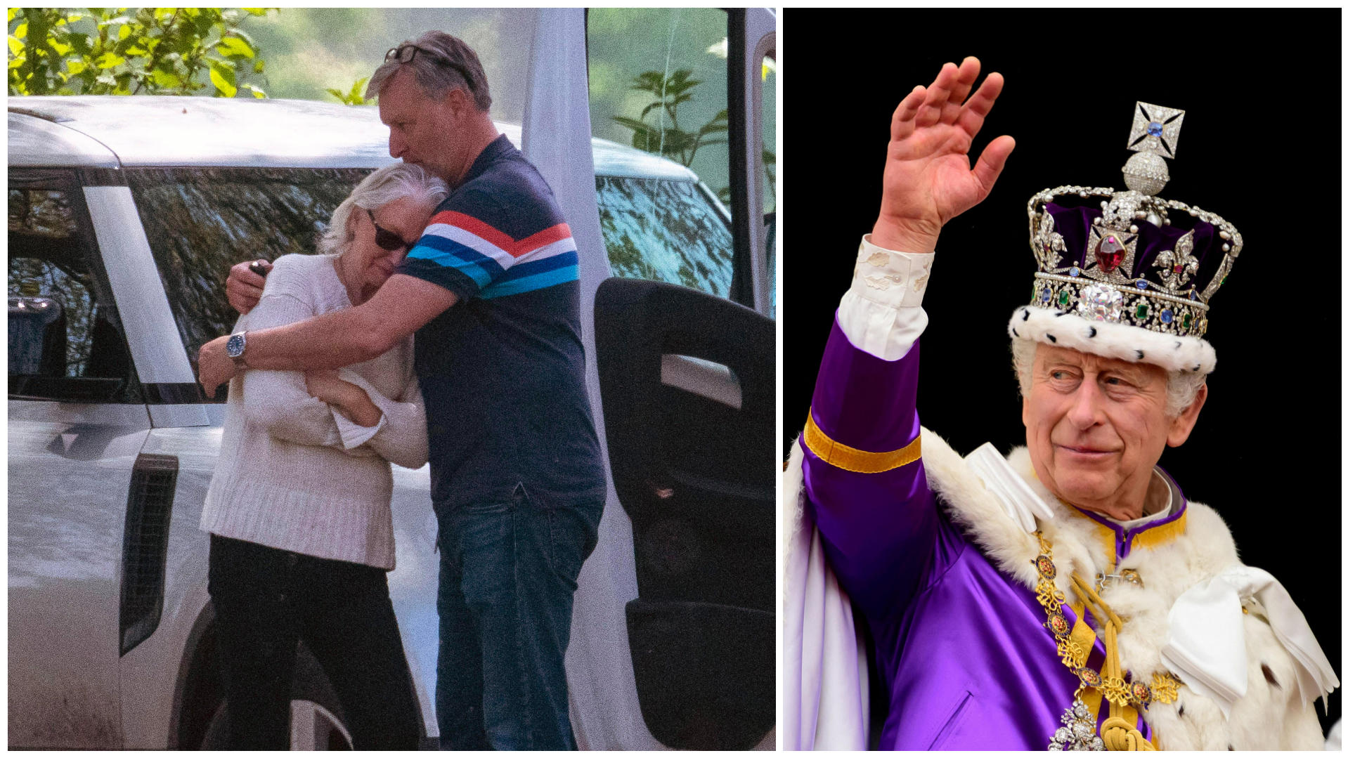 Collage aus 2 Bildern, v.l.: Angela Kelly liegt in den Armen eines Mannes und weint. Beide stehen vor weißen Autos. Rechtes Bild: König Charles winkt nach seiner Krönung vom Balkon des Buckingham Palace. Er trägt seine Krone.