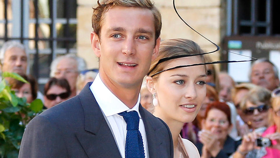 FILE - Monaco's Pierre Casiraghi (L) and girlfriend Beatrice Borromeo arrive for the religious wedding ceremony of Prince Felix of Luxembourg and Claire Lademacher at the Sainte Marie-Madeleine basilica in Saint-Maximin-la-Sainte-Baume, southern Fran